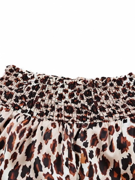 Leopard Print Smocked High Waist Casual Shorts with Flared Fit