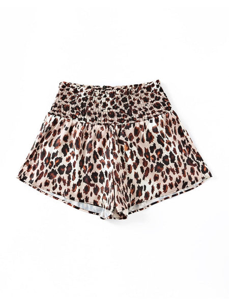 Leopard Print Smocked High Waist Casual Shorts with Flared Fit