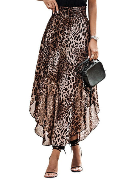 Women's Leopard Print Smocked High Waist Chiffon Maxi Skirt