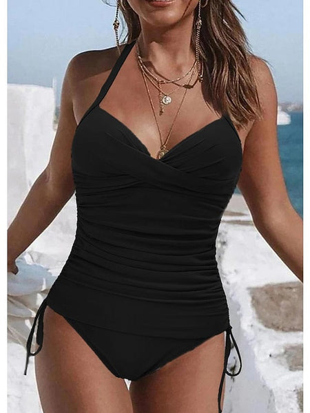 Women's Floral Print V-Neck Tankini Top with Adjustable Halter