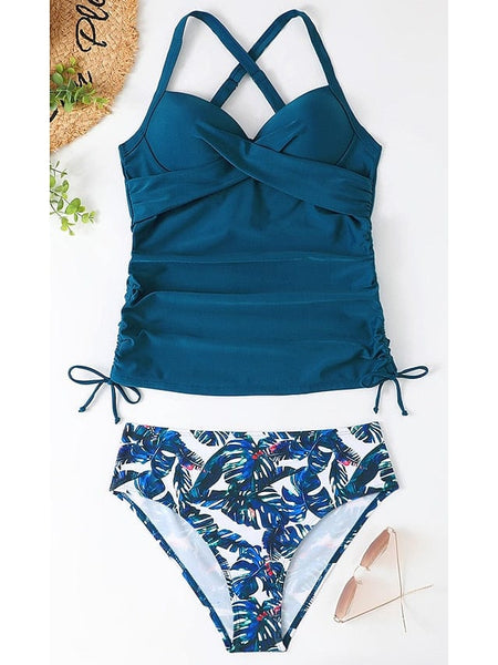 Women's Floral Print V-Neck Tankini Top with Adjustable Halter