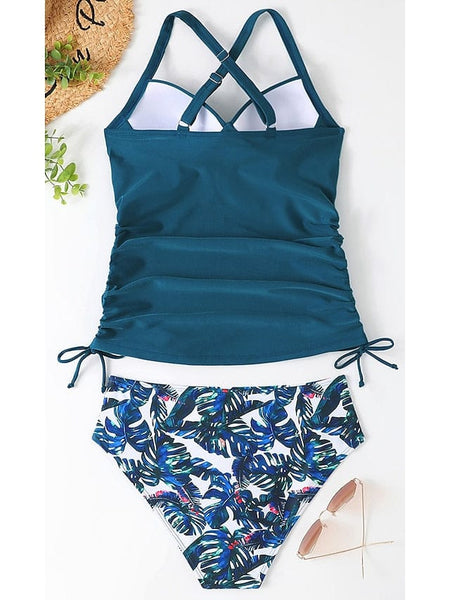 Women's Floral Print V-Neck Tankini Top with Adjustable Halter