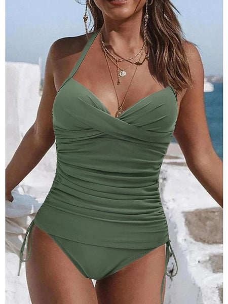Women's Floral Print V-Neck Tankini Top with Adjustable Halter