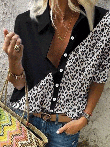 Women's Leopard Print Contrast V-Neck Textured Short Sleeve Shirt