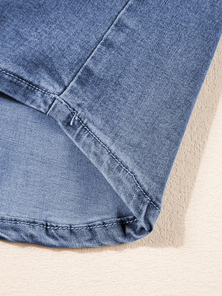 Light Blue Denim Elastic Waistband Shorts Set with Cuffed Sleeve Tee