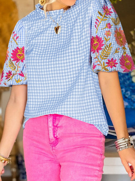 Cotton Blend Gingham Embroidered Blouse