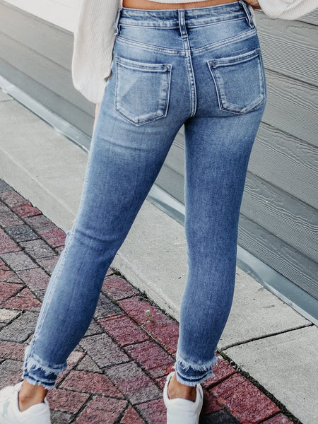 Women's Blue Raw Hem Straight Jeans with Leopard Print Patchwork Detail and Ripped Holes - Women's Denim Clothing