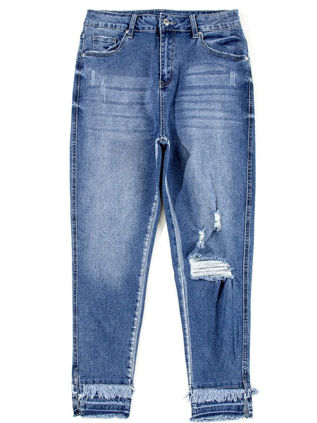 Women's Blue Raw Hem Straight Jeans with Leopard Print Patchwork Detail and Ripped Holes - Women's Denim Clothing