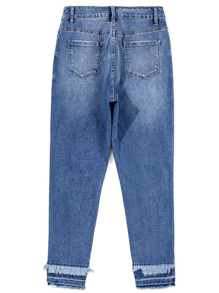 Women's Blue Raw Hem Straight Jeans with Leopard Print Patchwork Detail and Ripped Holes - Women's Denim Clothing