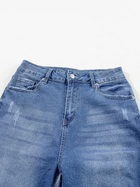 Women's Blue Raw Hem Straight Jeans with Leopard Print Patchwork Detail and Ripped Holes - Women's Denim Clothing