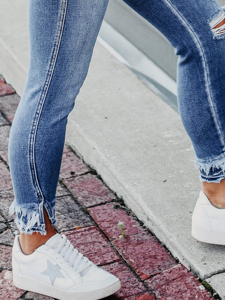 Women's Blue Raw Hem Straight Jeans with Leopard Print Patchwork Detail and Ripped Holes - Women's Denim Clothing