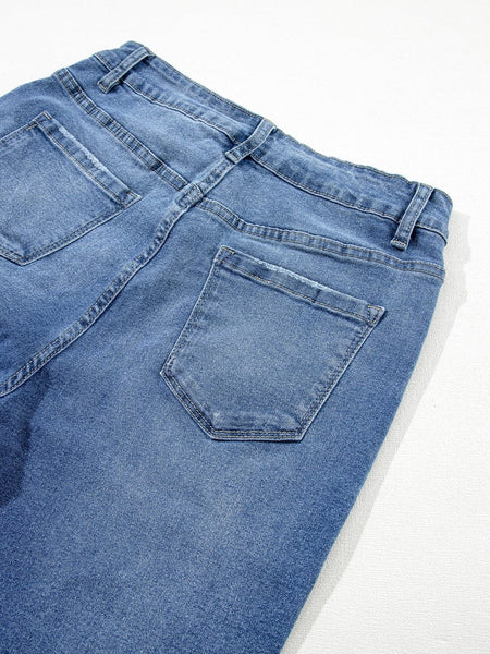 Women's Blue Raw Hem Straight Jeans with Leopard Print Patchwork Detail and Ripped Holes - Women's Denim Clothing