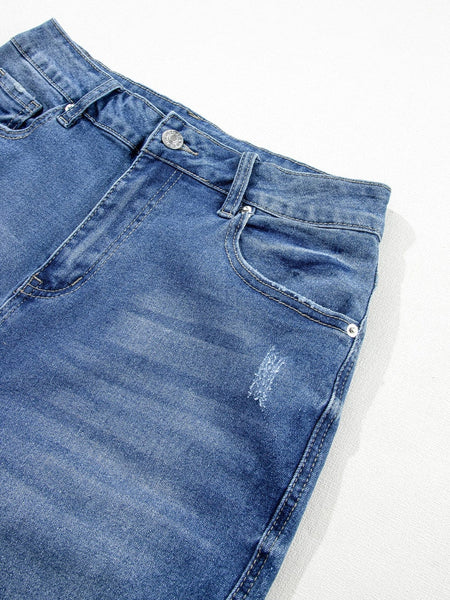 Women's Blue Raw Hem Straight Jeans with Leopard Print Patchwork Detail and Ripped Holes - Women's Denim Clothing