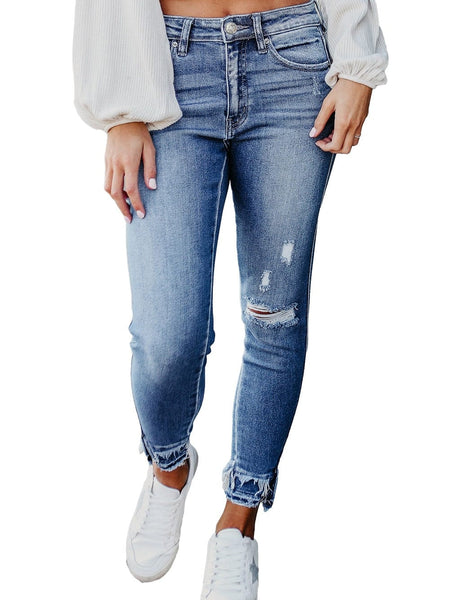 Women's Blue Raw Hem Straight Jeans with Leopard Print Patchwork Detail and Ripped Holes - Women's Denim Clothing