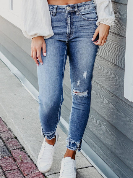 Women's Blue Raw Hem Straight Jeans with Leopard Print Patchwork Detail and Ripped Holes - Women's Denim Clothing