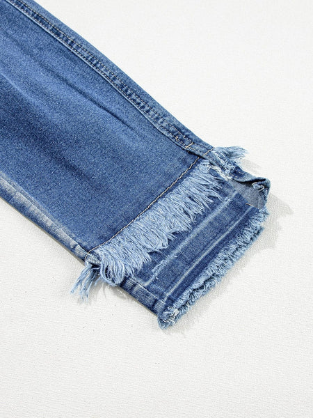 Women's Blue Raw Hem Straight Jeans with Leopard Print Patchwork Detail and Ripped Holes - Women's Denim Clothing