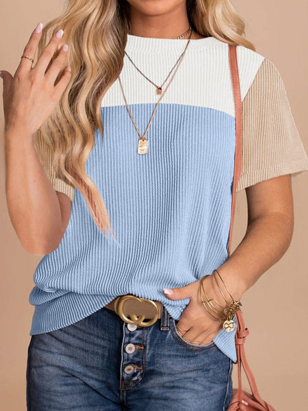 Light Blue Ribbed Colorblock Tee with Chic Design