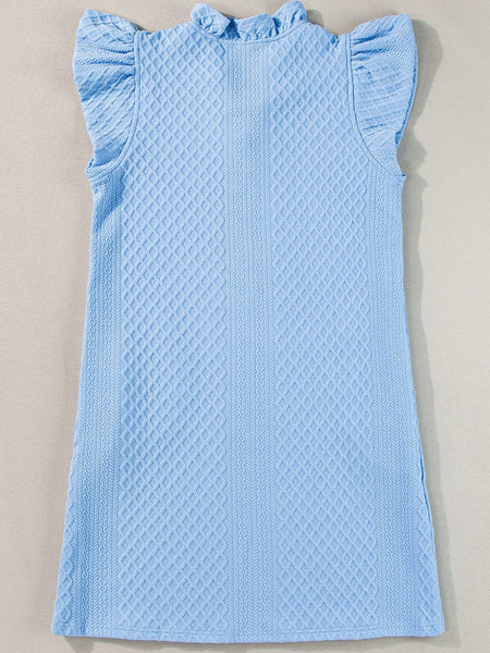 Light Blue Ruffled V-Neck Shift Mini Dress with Puff Sleeves