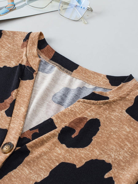 Light French Beige Leopard V-Neck Button-Up Tee with Short Sleeves