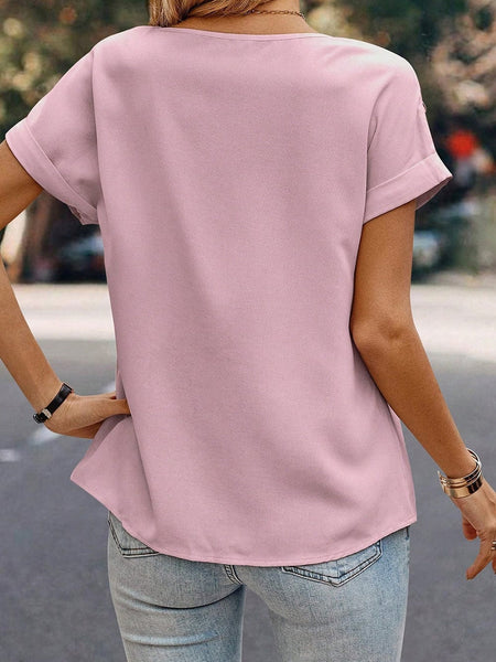 Casual Solid Color Stitching Lace Hollow Short Sleeved T-Shirt