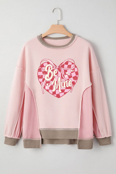 Women's Light Pink Waffle Patchwork Heart Print Sweatshirt