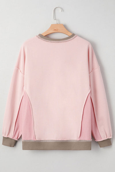 Women's Light Pink Waffle Patchwork Heart Print Sweatshirt