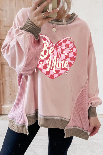 Women's Light Pink Waffle Patchwork Heart Print Sweatshirt