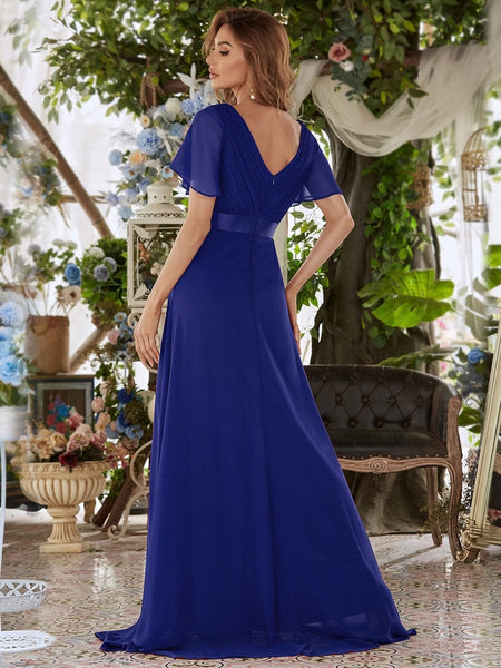 long empire waist bridesmaid dress with short flutter sleeves Ever-Pretty Double V Neck Long Empire Waist Chiffon Budget Bridesmaid Dress