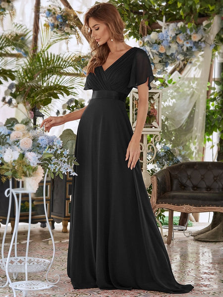 long empire waist bridesmaid dress with short flutter sleeves Long Chiffon Empire Waist Bridesmaid Dress with Short Flutter Sleeves