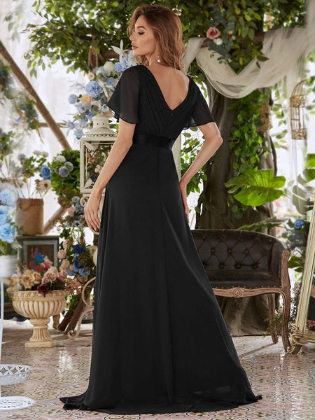 long empire waist bridesmaid dress with short flutter sleeves Ever-Pretty Double V Neck Long Empire Waist Chiffon Budget Bridesmaid Dress