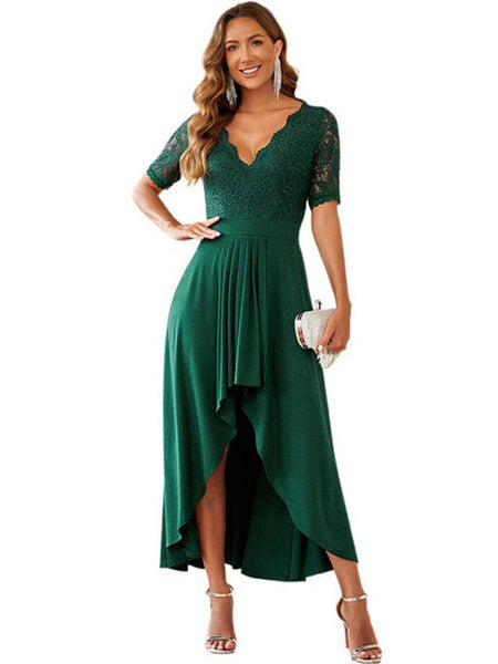 Glimmering V-Neck Asymmetrical Chiffon Midi Dress with practical styling and dependable silhouette control.