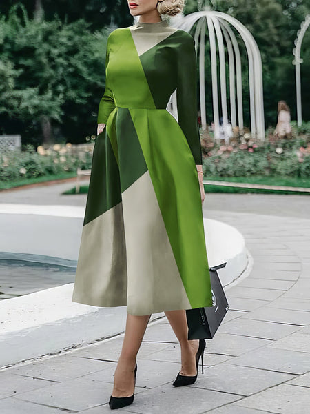 Women's Geometric Color Block Long Sleeve Fit-and-Flare Midi Dress