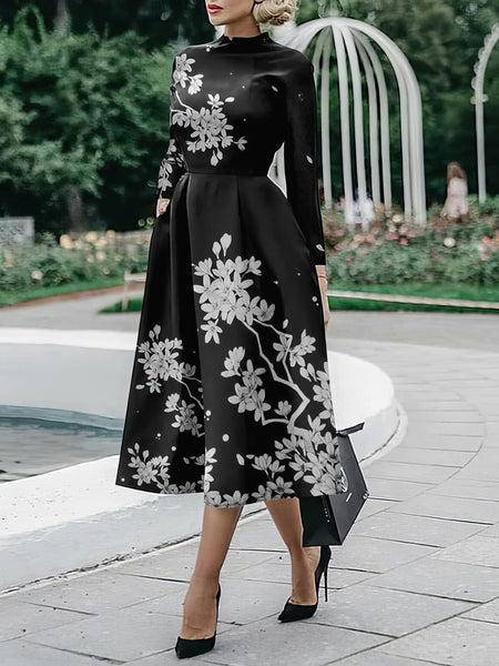 Women's Geometric Color Block Long Sleeve Fit-and-Flare Midi Dress