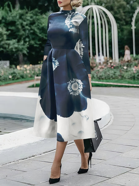 Women's Geometric Color Block Long Sleeve Fit-and-Flare Midi Dress