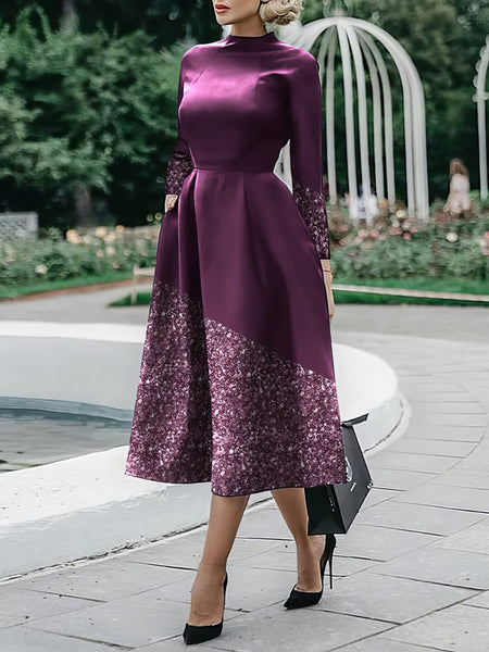 Women's Geometric Color Block Long Sleeve Fit-and-Flare Midi Dress