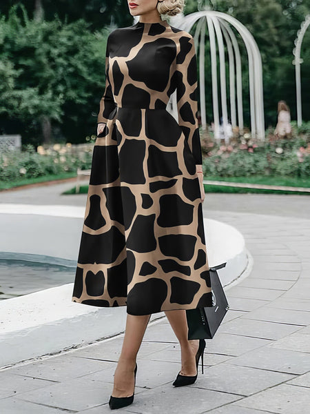 Women's Geometric Color Block Long Sleeve Fit-and-Flare Midi Dress