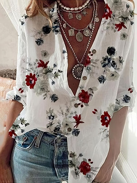 Long Sleeve Flower Print Lapel Shirt
