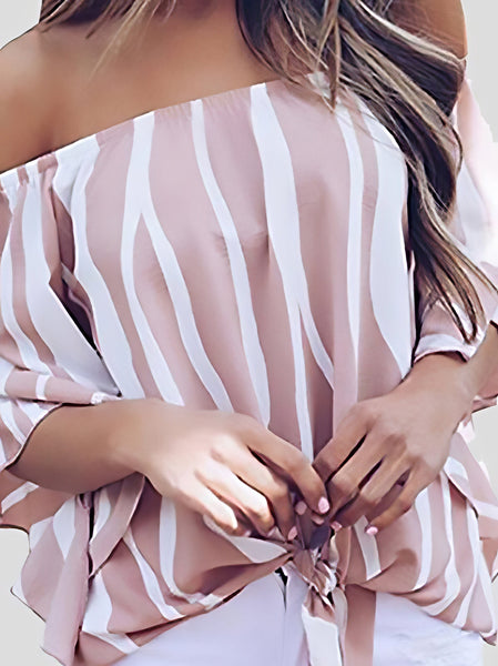 Loose Chiffon Off Shoulder Striped Front Tie 3/4 Sleeve Blouses