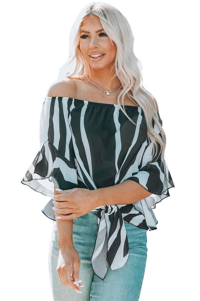 Loose Chiffon Off Shoulder Striped Front Tie 3/4 Sleeve Blouses