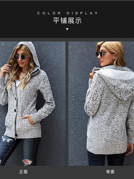 Loose Fleece Hooded Sweater Coat For Women With Wool Blend Fabric