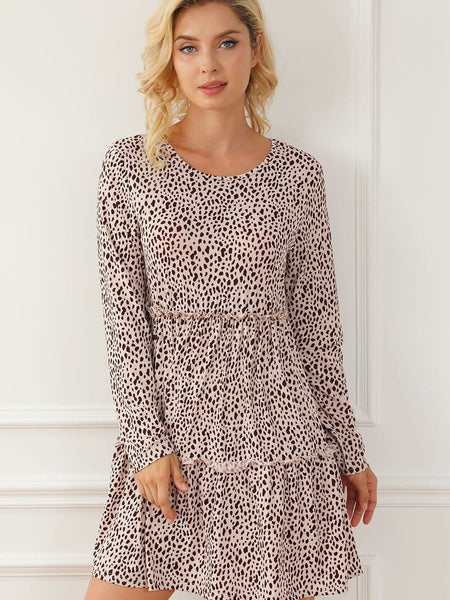 Loose Leopard Print V-neck Dress - Drop Shoulder- A-Line - Closed - Cape - Paneled