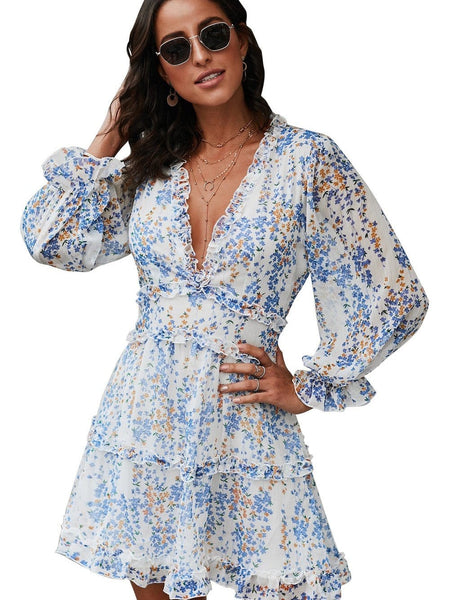 Tiered Ruffle Mini Dress with V-Neckline