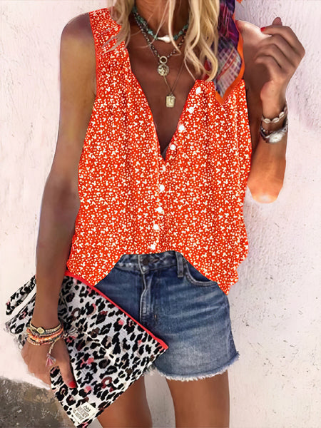 Women's Loose Print Button Sleeveless Blouse - V-Neck - Bare - U Shape - Scoop