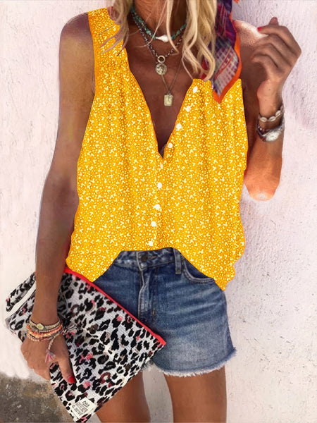 Women's Loose Print Button Sleeveless Blouse - V-Neck - Bare - U Shape - Scoop