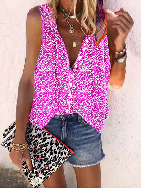 Women's Loose Print Button Sleeveless Blouse - V-Neck - Bare - U Shape - Scoop