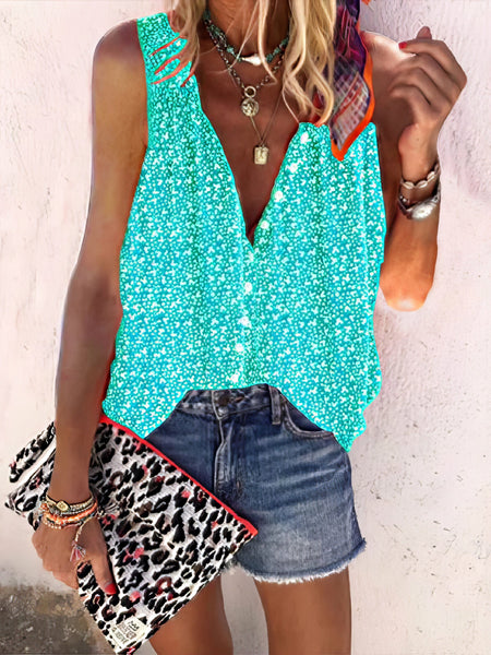 Women's Loose Print Button Sleeveless Blouse - V-Neck - Bare - U Shape - Scoop