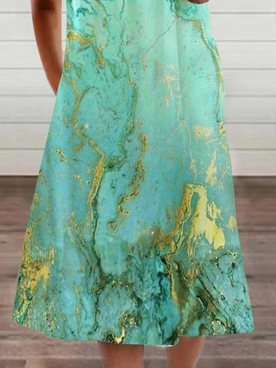 Loose Printed Short Sleeve Zippered V-neck Dress