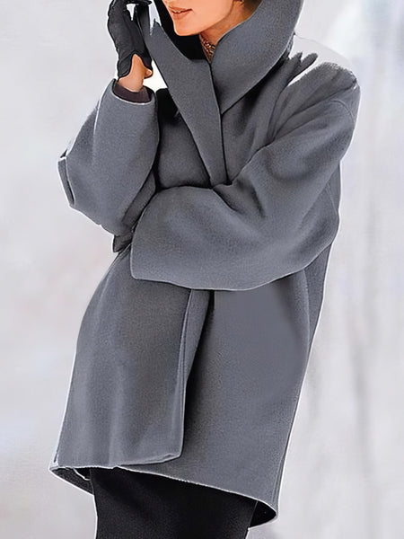 Women's Loose Solid Button Hooded Woolen Coat