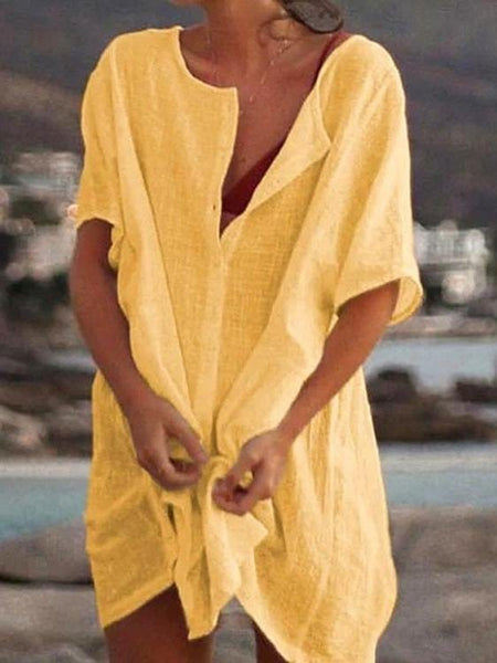 Loose Solid Short Sleeve Shirt Dress