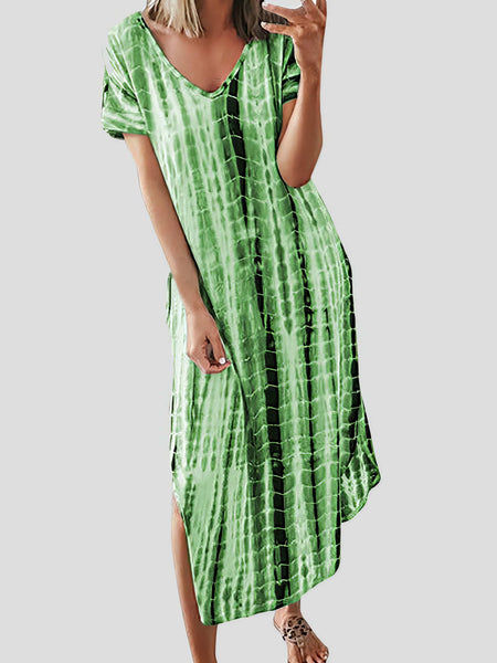Loose Tie-Dye Printed V-Neck Split Dress